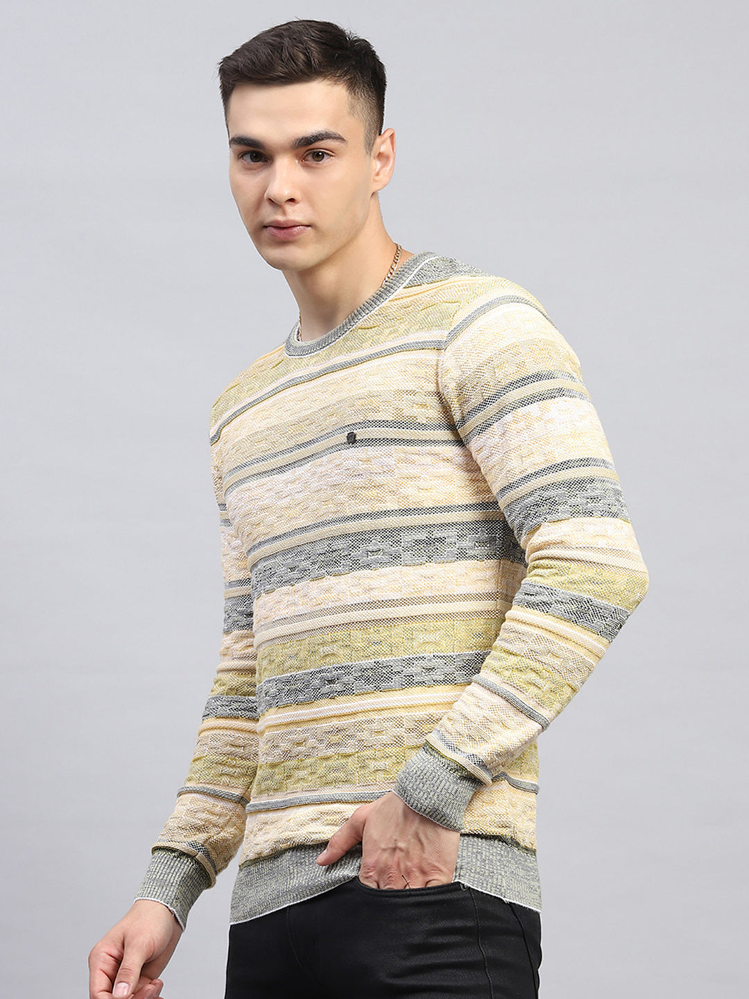 Men Green Stripe Round Neck Full Sleeve Pullover