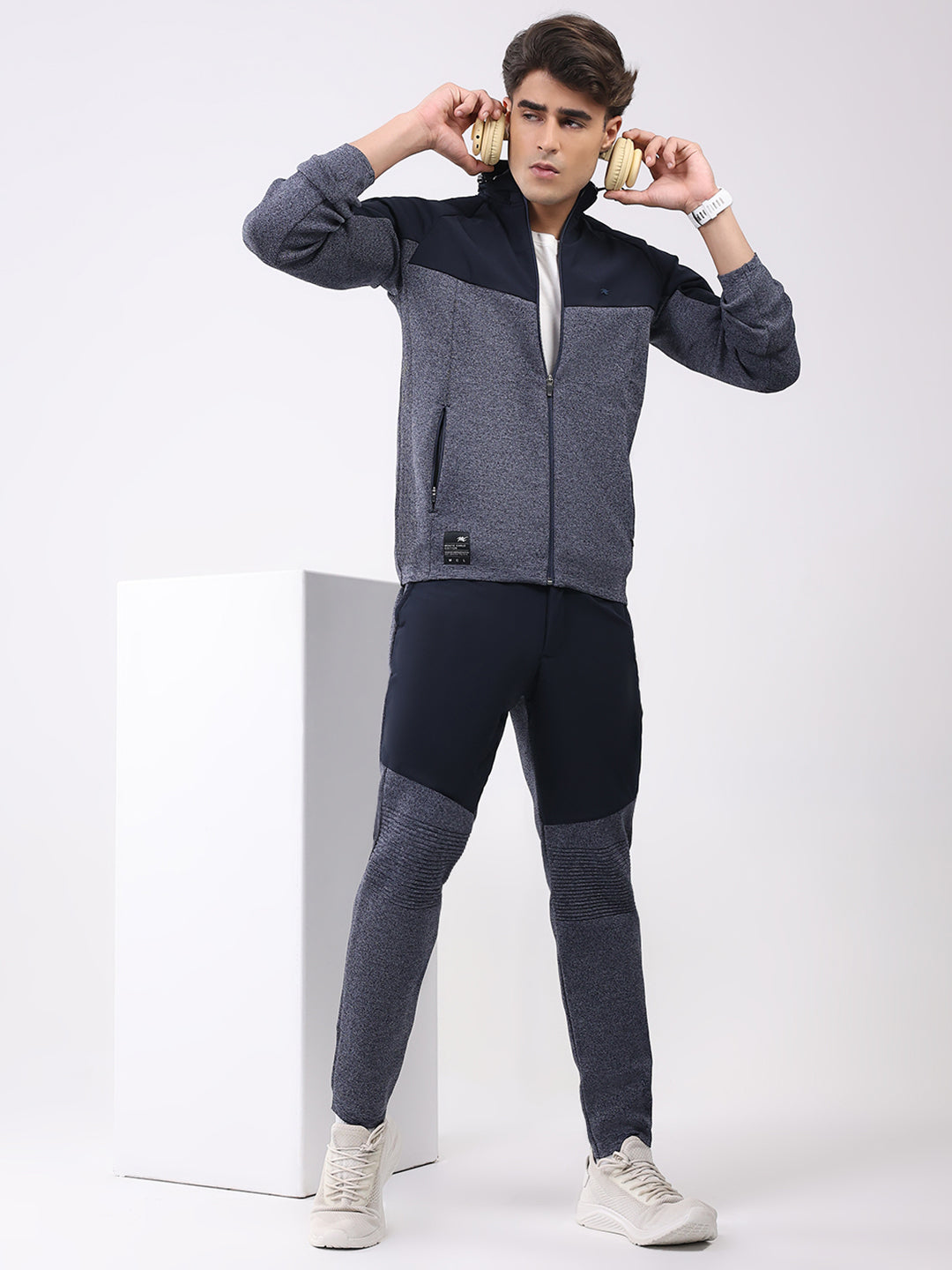 Men Blue Self Design Mock Neck Full Sleeve Cords Set