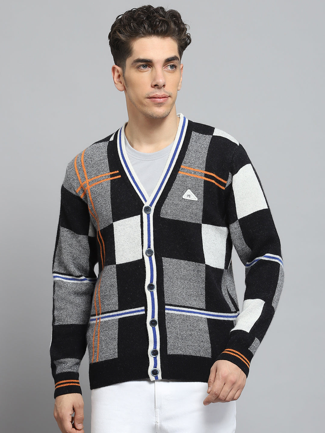 Men Black Self Design V Neck Full Sleeve Cardigan