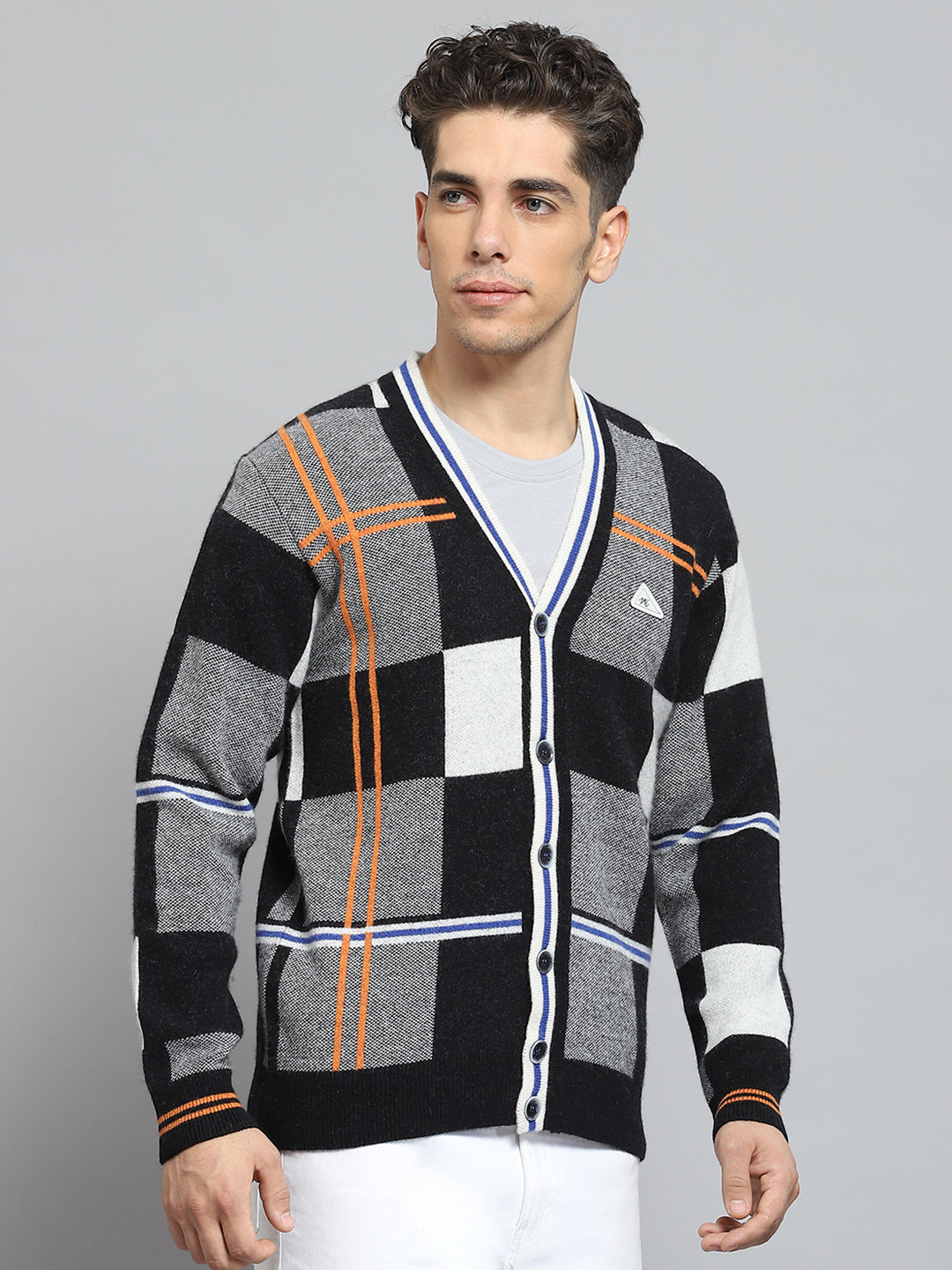 Men Black Self Design V Neck Full Sleeve Cardigan