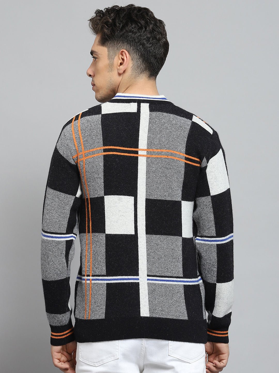 Men Black Self Design V Neck Full Sleeve Cardigan