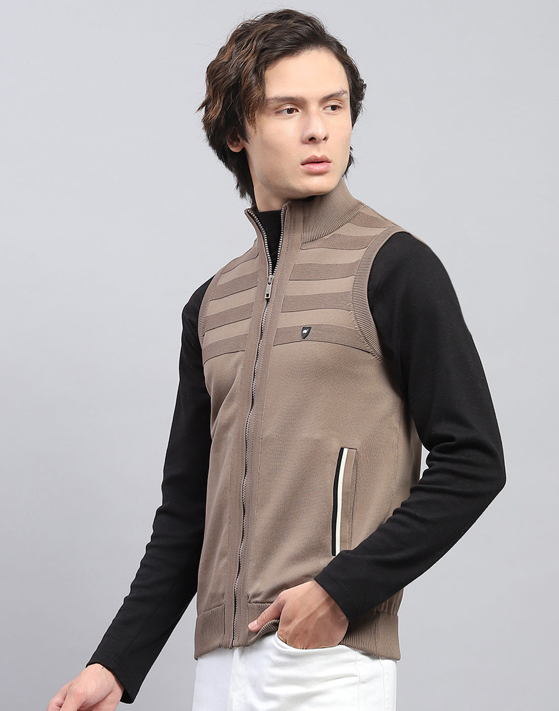 Men Brown Solid Mock Neck Sleeveless Sweater
