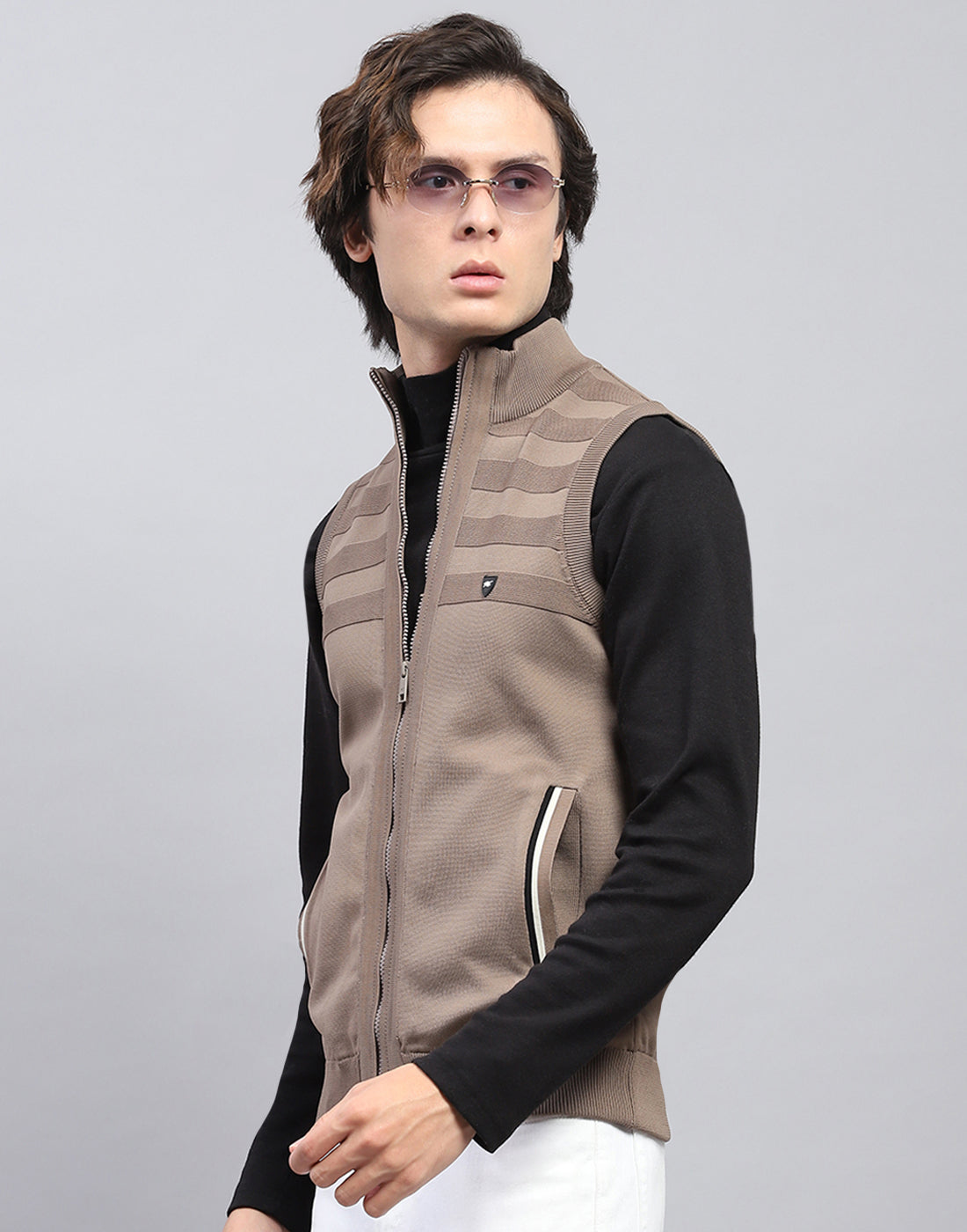 Men Brown Solid Mock Neck Sleeveless Sweater