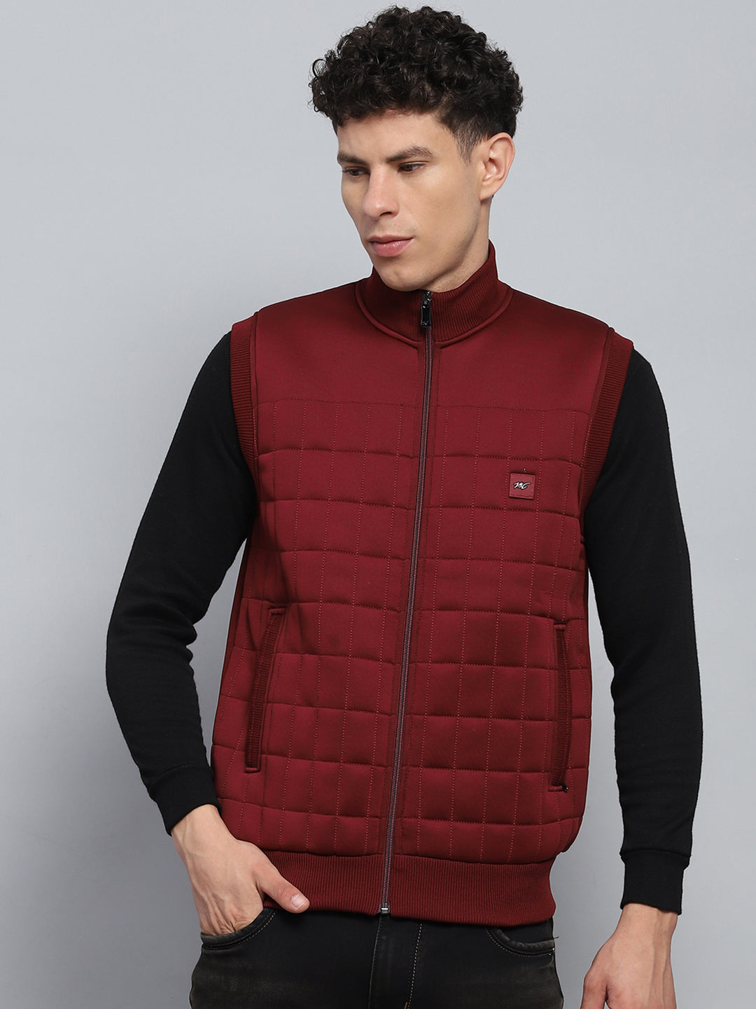 Men Maroon Self Design Mock Neck Sleeveless Jacket