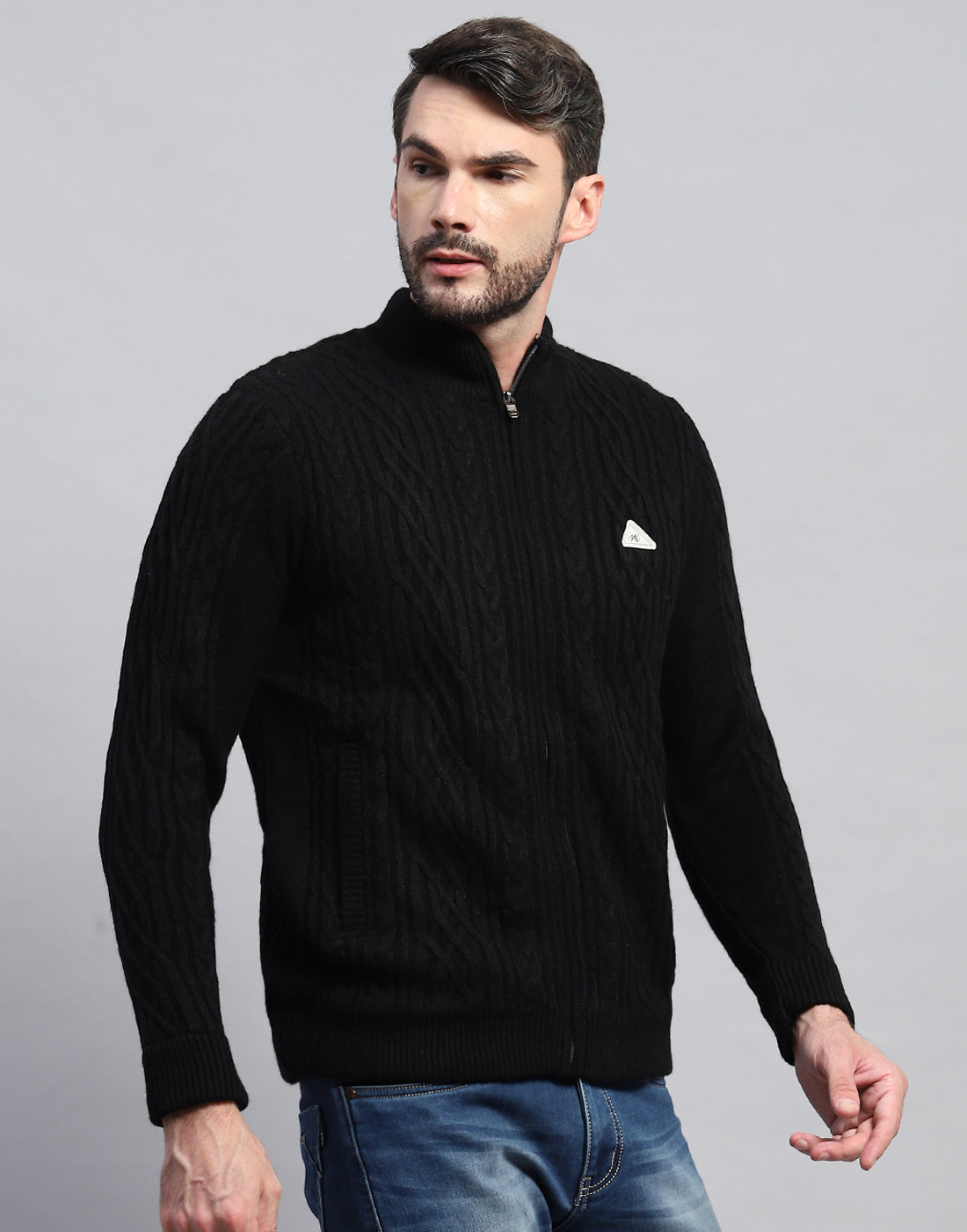 Men Black Self Design Turtle Neck Full Sleeve Jacket