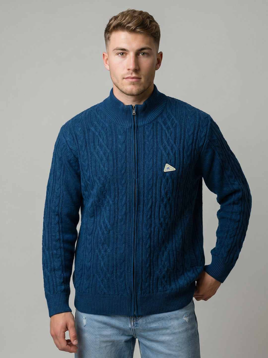 Men Teal Blue Self Design Turtle Neck Full Sleeve Cardigan