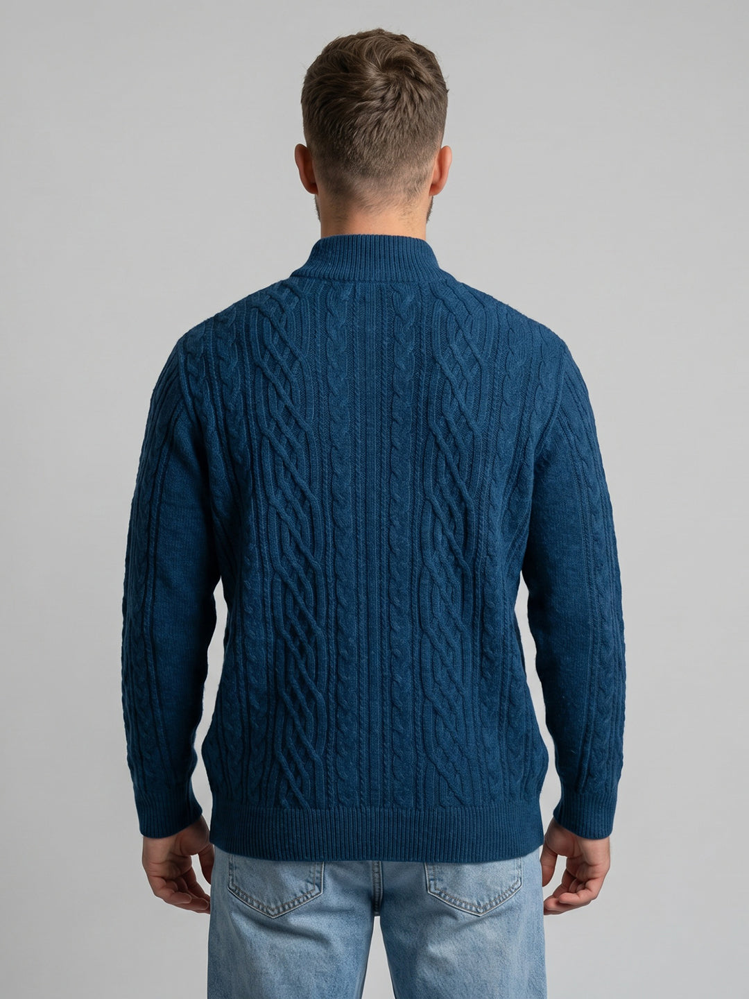 Men Teal Blue Self Design Turtle Neck Full Sleeve Cardigan