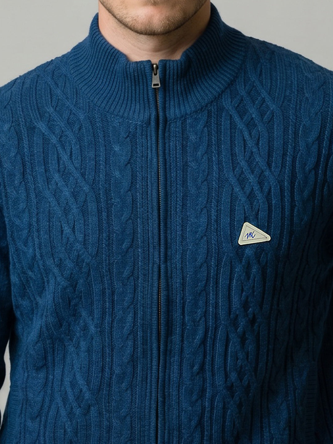 Men Teal Blue Self Design Turtle Neck Full Sleeve Cardigan