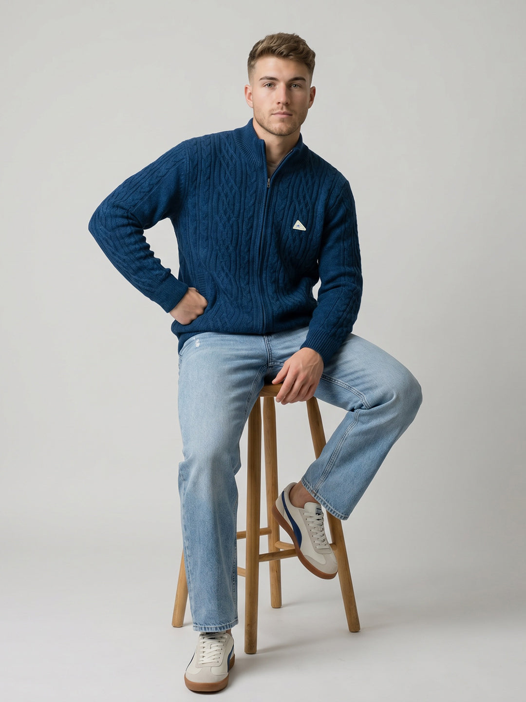Men Teal Blue Self Design Turtle Neck Full Sleeve Cardigan