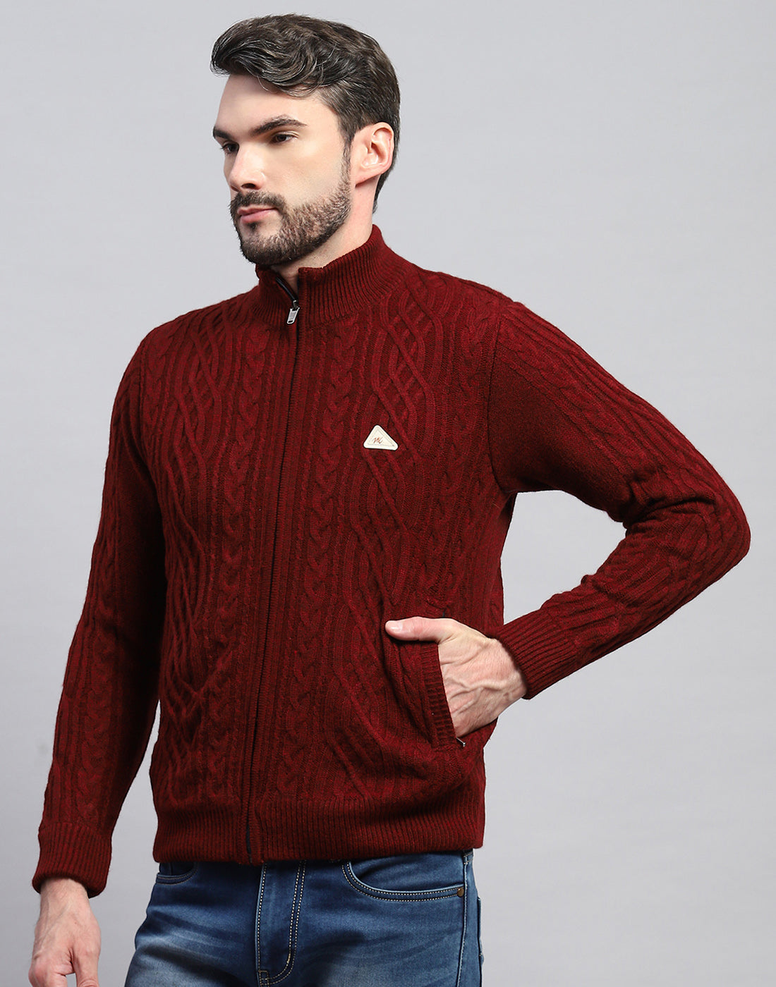 Men Maroon Self Design Turtle Neck Full Sleeve Jacket
