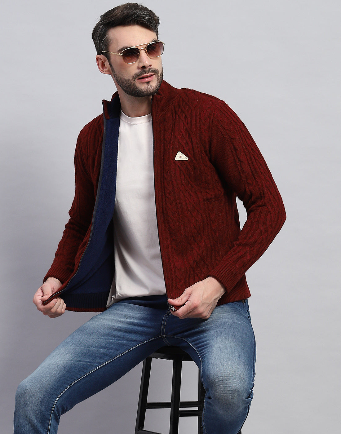 Men Maroon Self Design Turtle Neck Full Sleeve Jacket