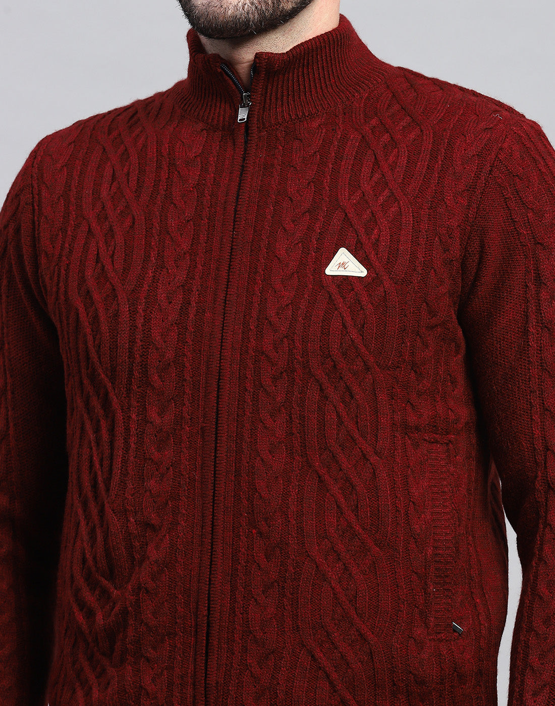 Men Maroon Self Design Turtle Neck Full Sleeve Jacket