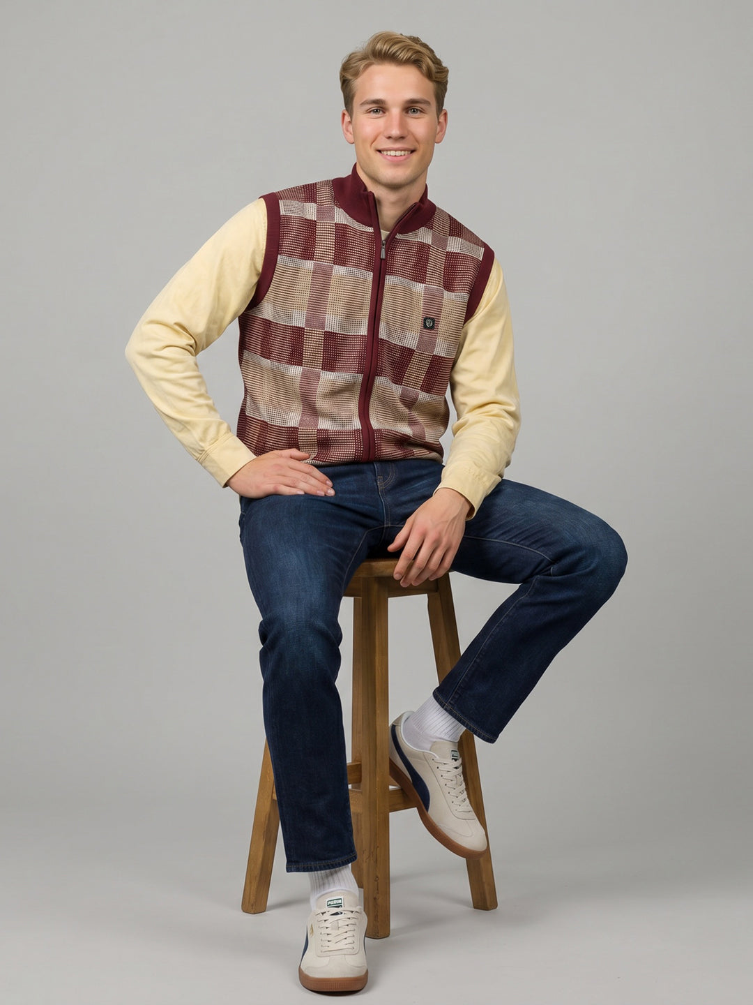 Men Maroon Jacquard Turtle Neck Sleeveless Cardigan