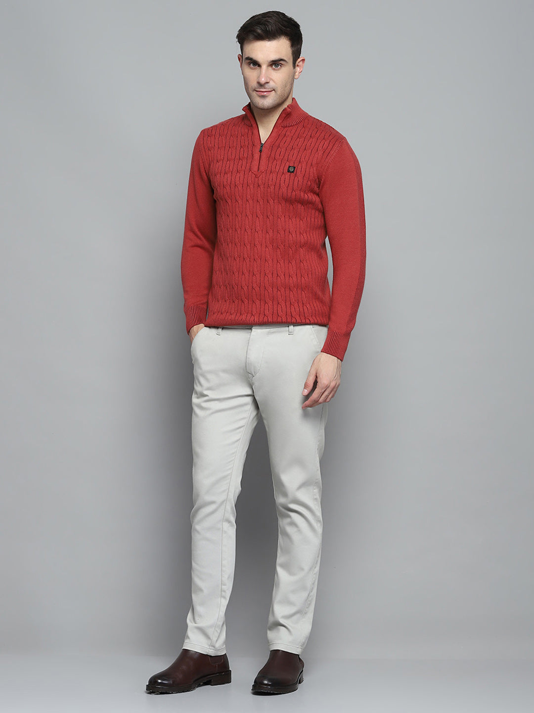 Men Rust Self Design Mock Neck Full Sleeve Pullover