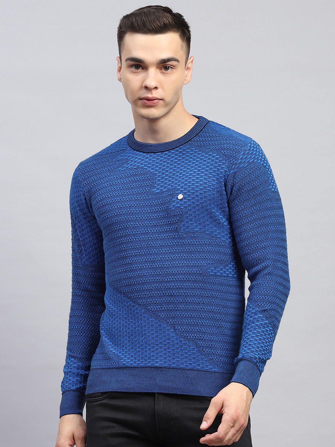 Men Blue Self Design Round Neck Full Sleeve Pullover