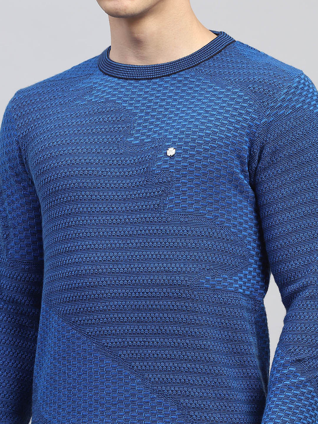 Men Blue Self Design Round Neck Full Sleeve Pullover