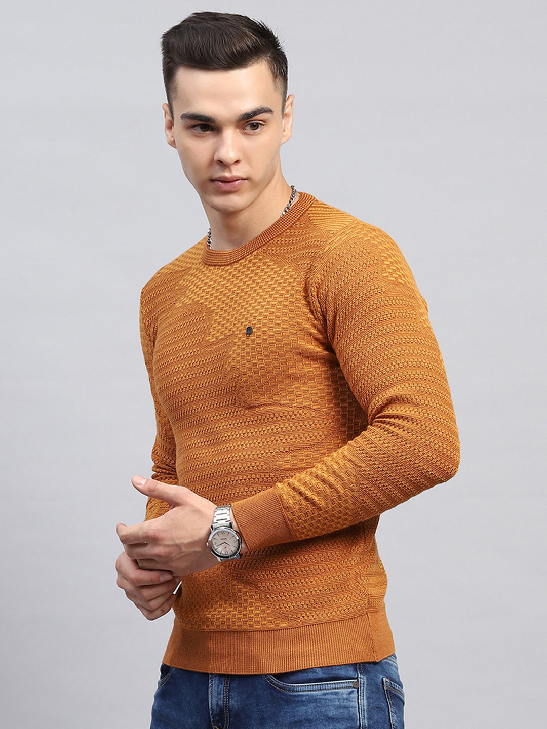 Men Rust Self Design Round Neck Full Sleeve Pullover