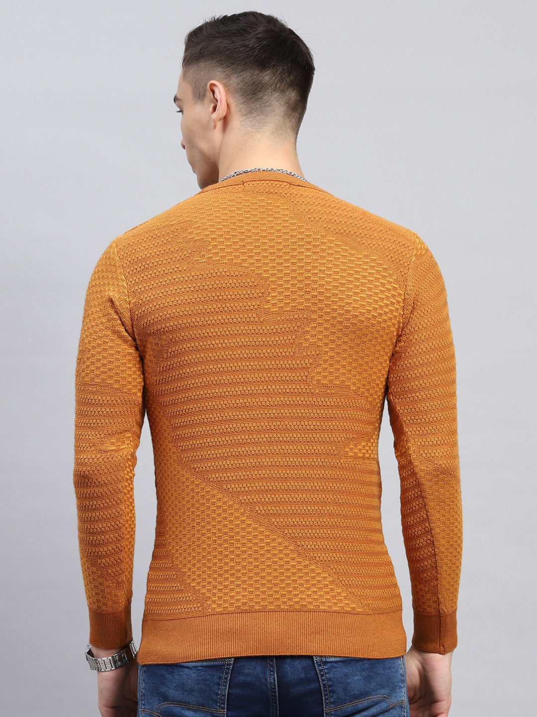 Men Rust Self Design Round Neck Full Sleeve Pullover