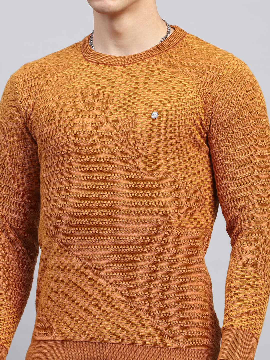 Men Rust Self Design Round Neck Full Sleeve Pullover