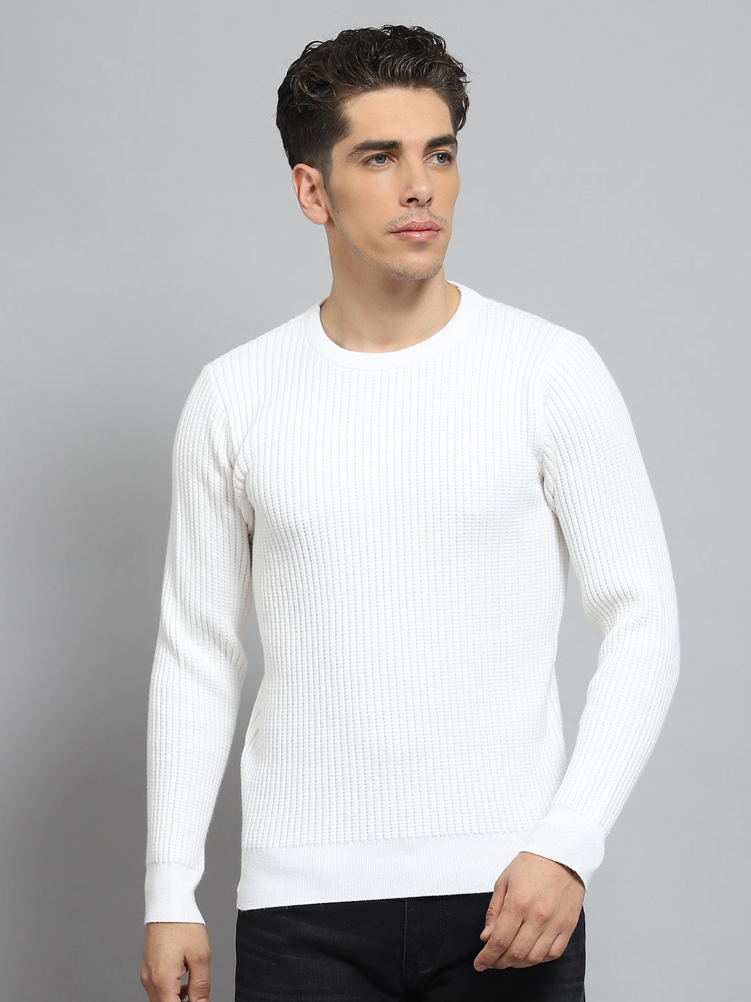 Men White Self Design Round Neck Full Sleeve Pullover