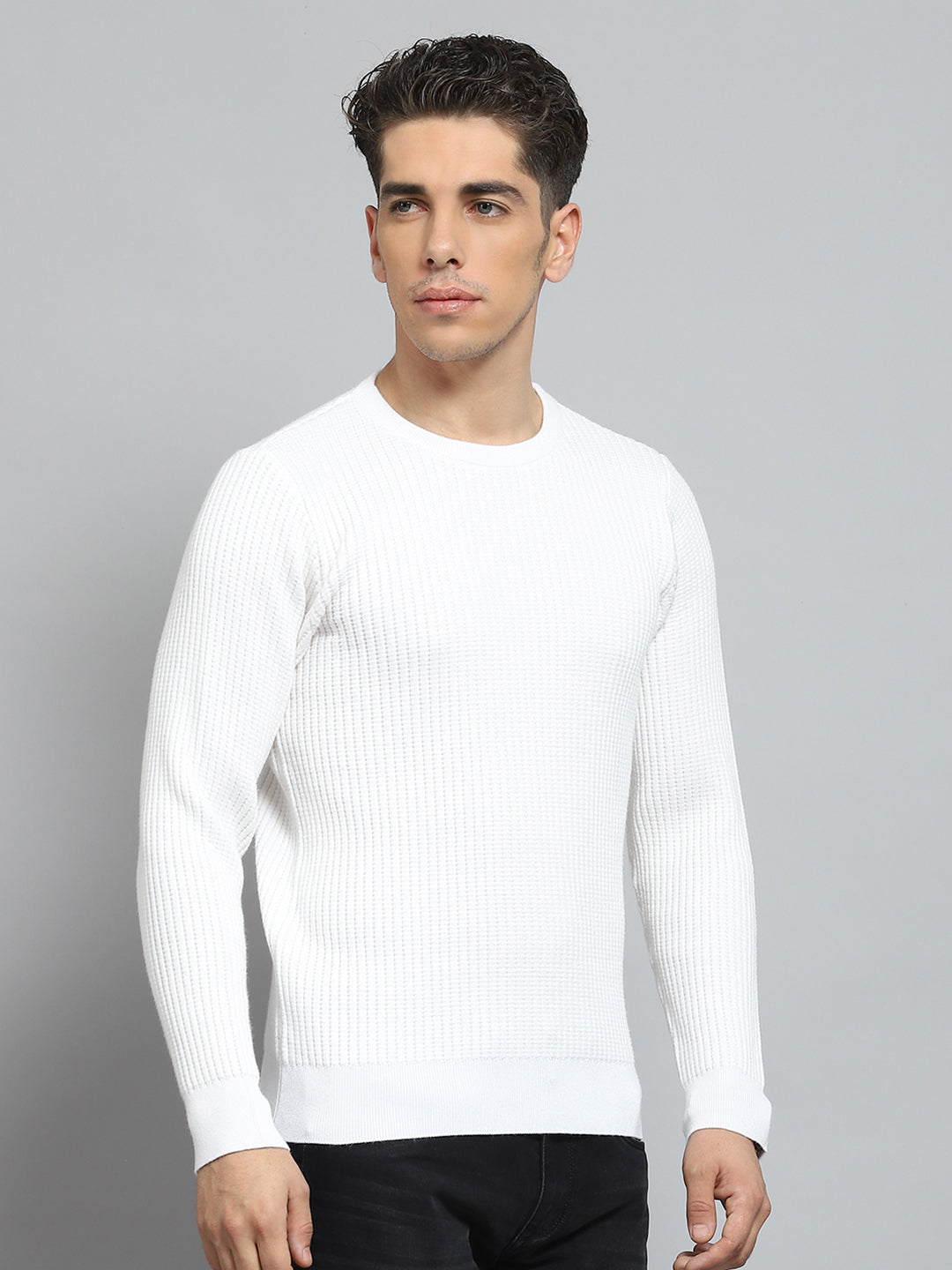 Men White Self Design Round Neck Full Sleeve Pullover