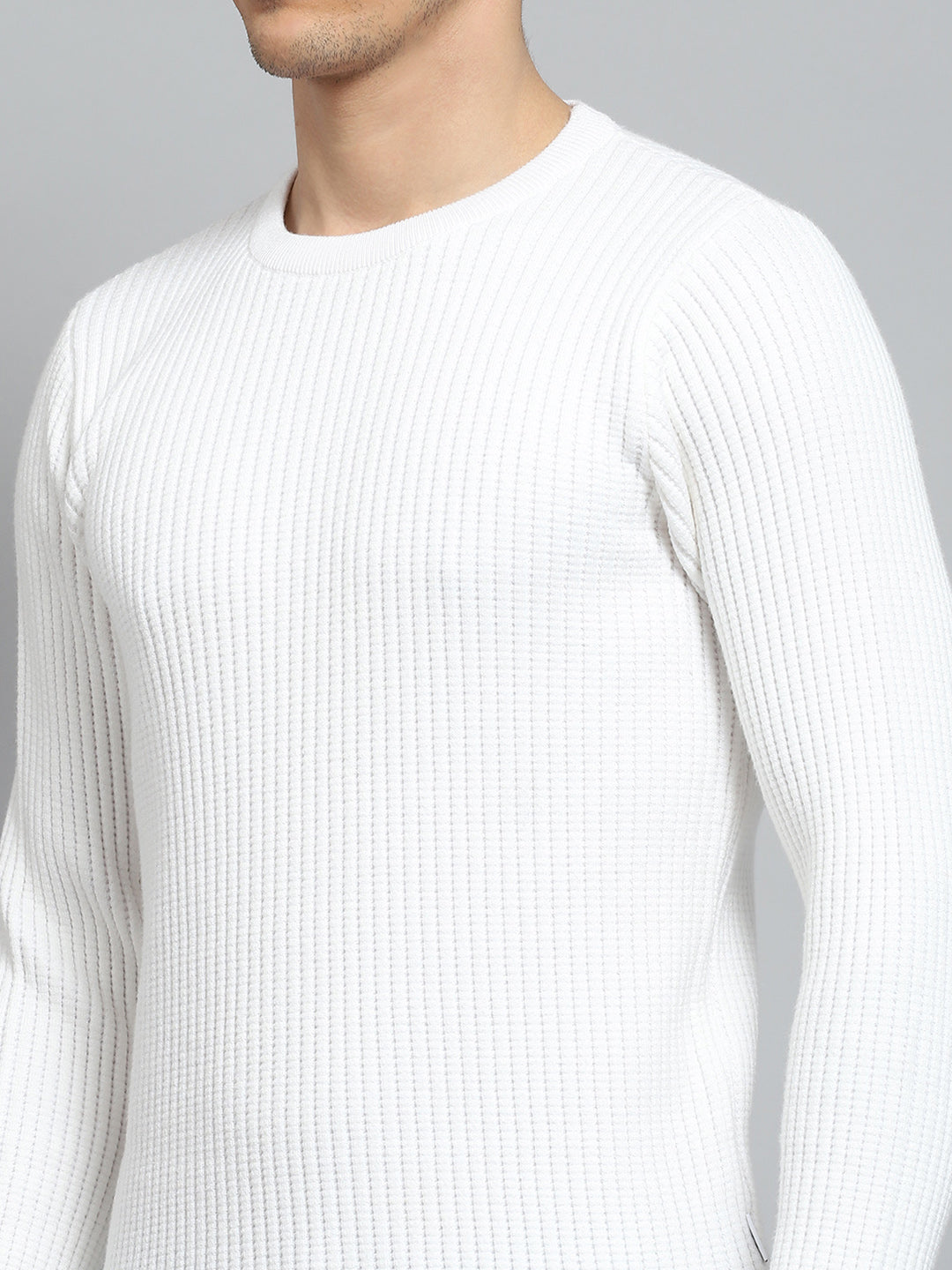 Men White Self Design Round Neck Full Sleeve Pullover