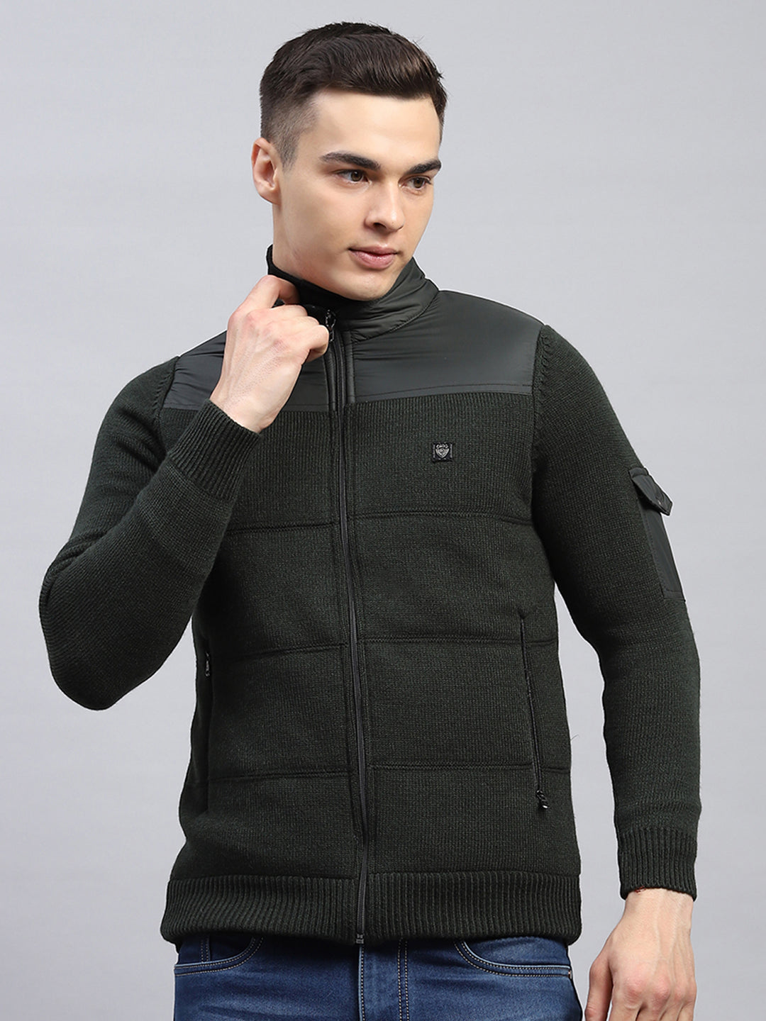 Men Green Self Design Mock Neck Full Sleeve Jacket