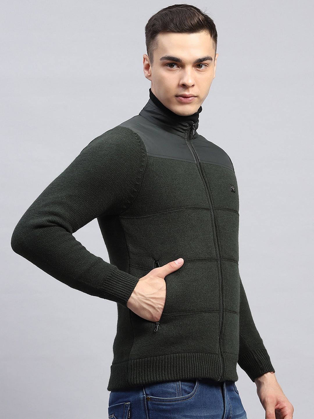 Men Green Self Design Mock Neck Full Sleeve Jacket