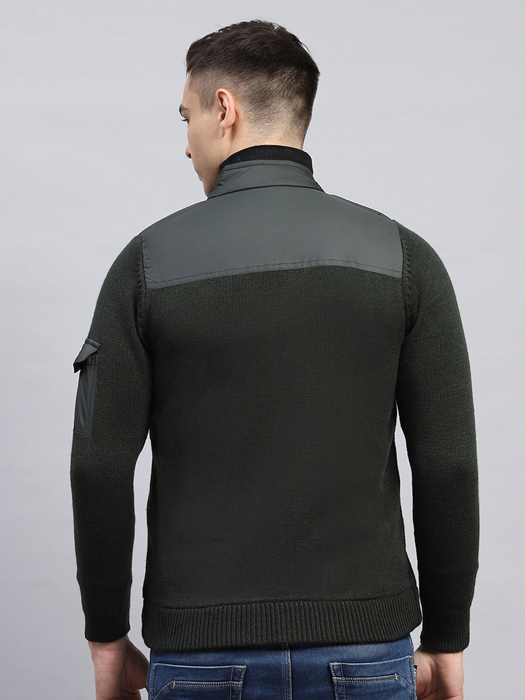 Men Green Self Design Mock Neck Full Sleeve Jacket