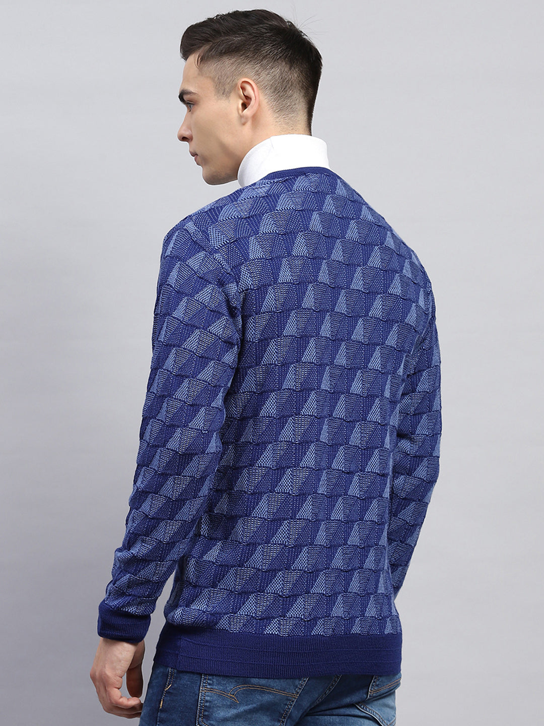 Men Blue Self Design V Neck Full Sleeve Pullover