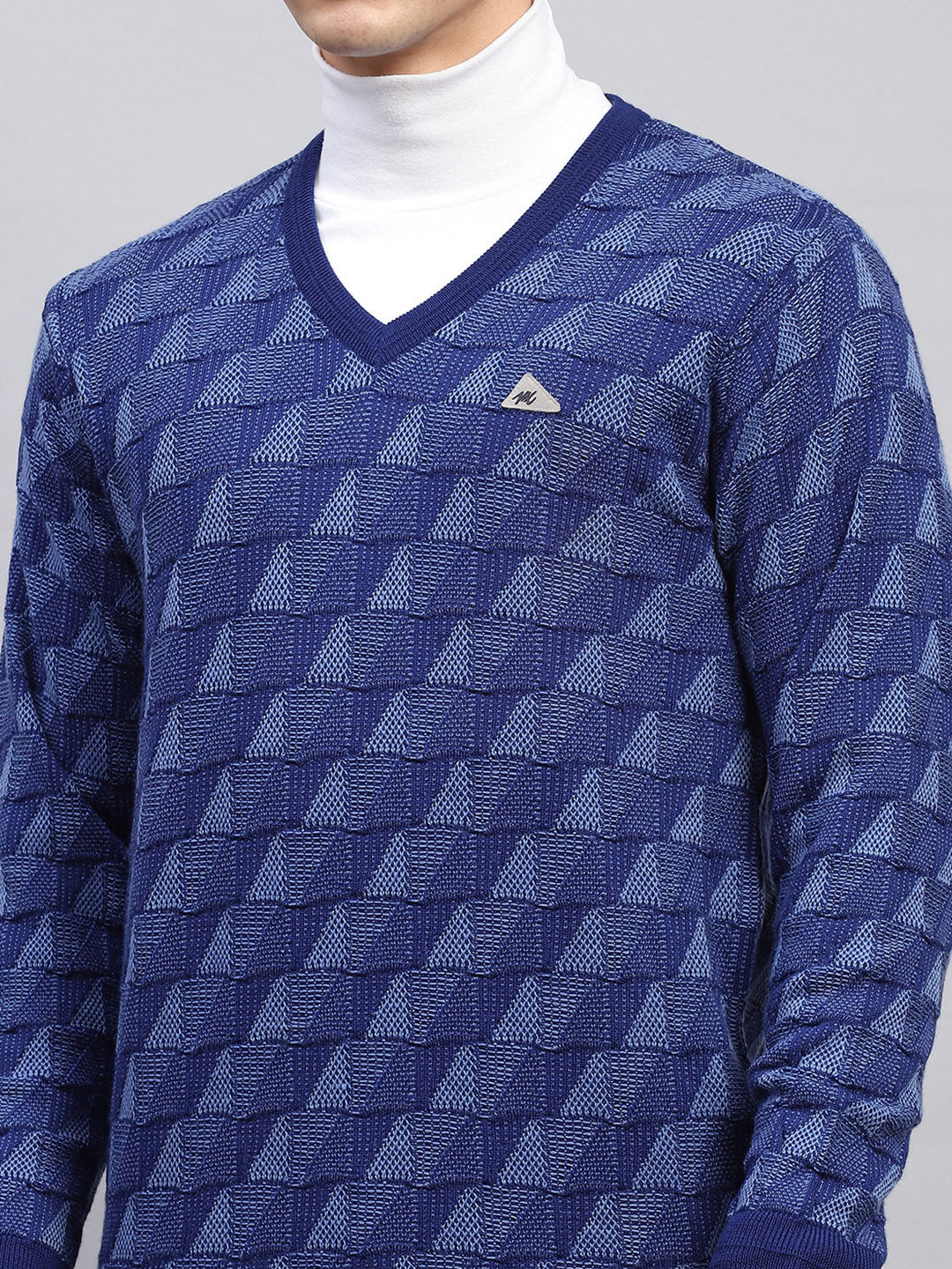 Men Blue Self Design V Neck Full Sleeve Pullover