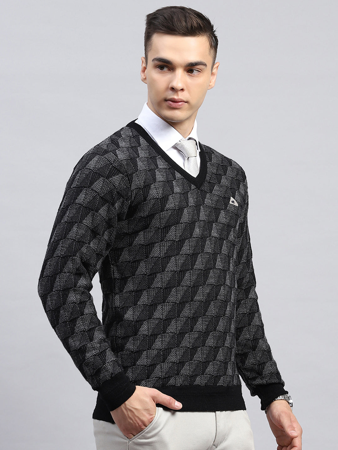 Men Black Self Design V Neck Full Sleeve Pullover