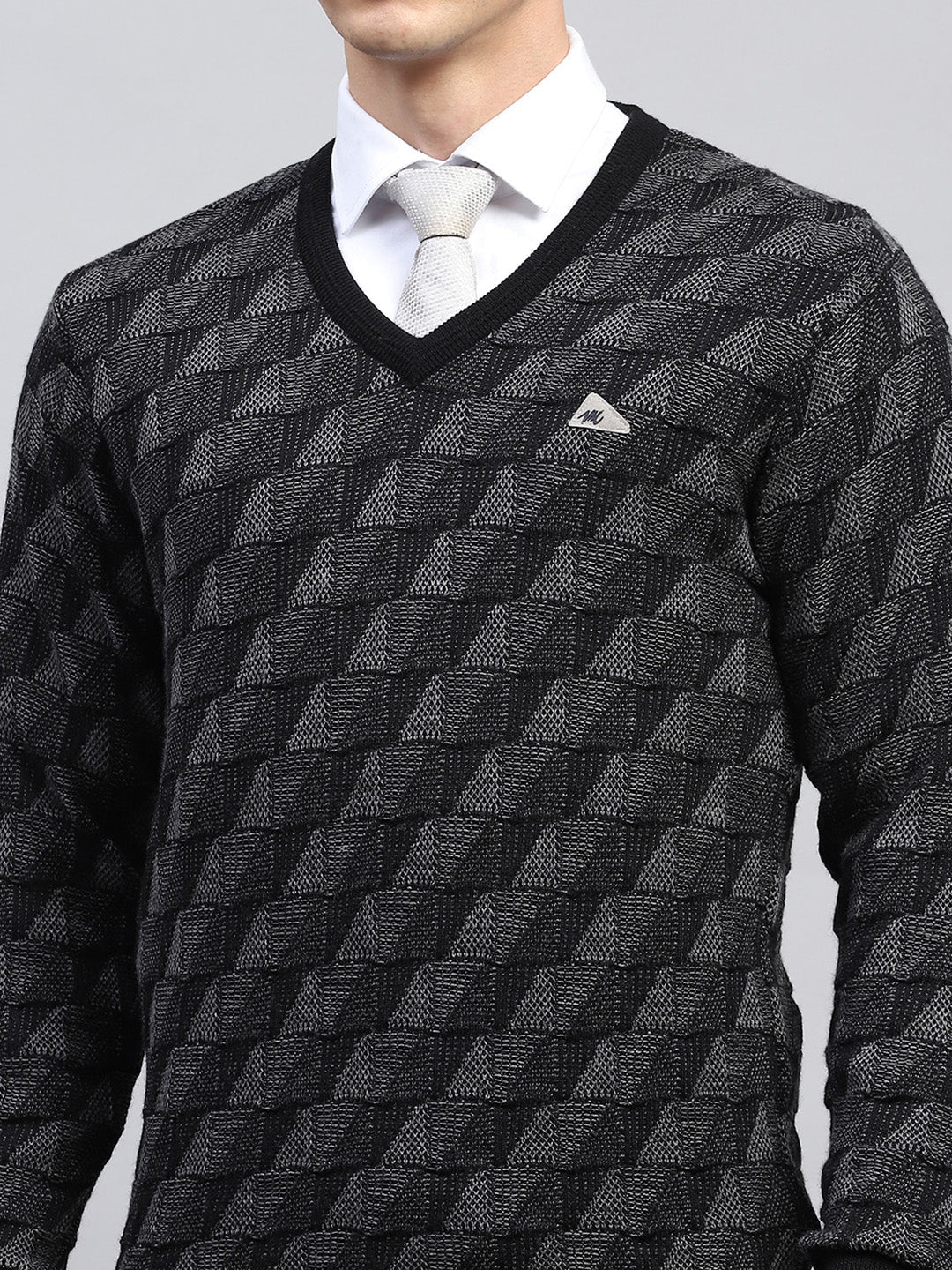 Men Black Self Design V Neck Full Sleeve Pullover