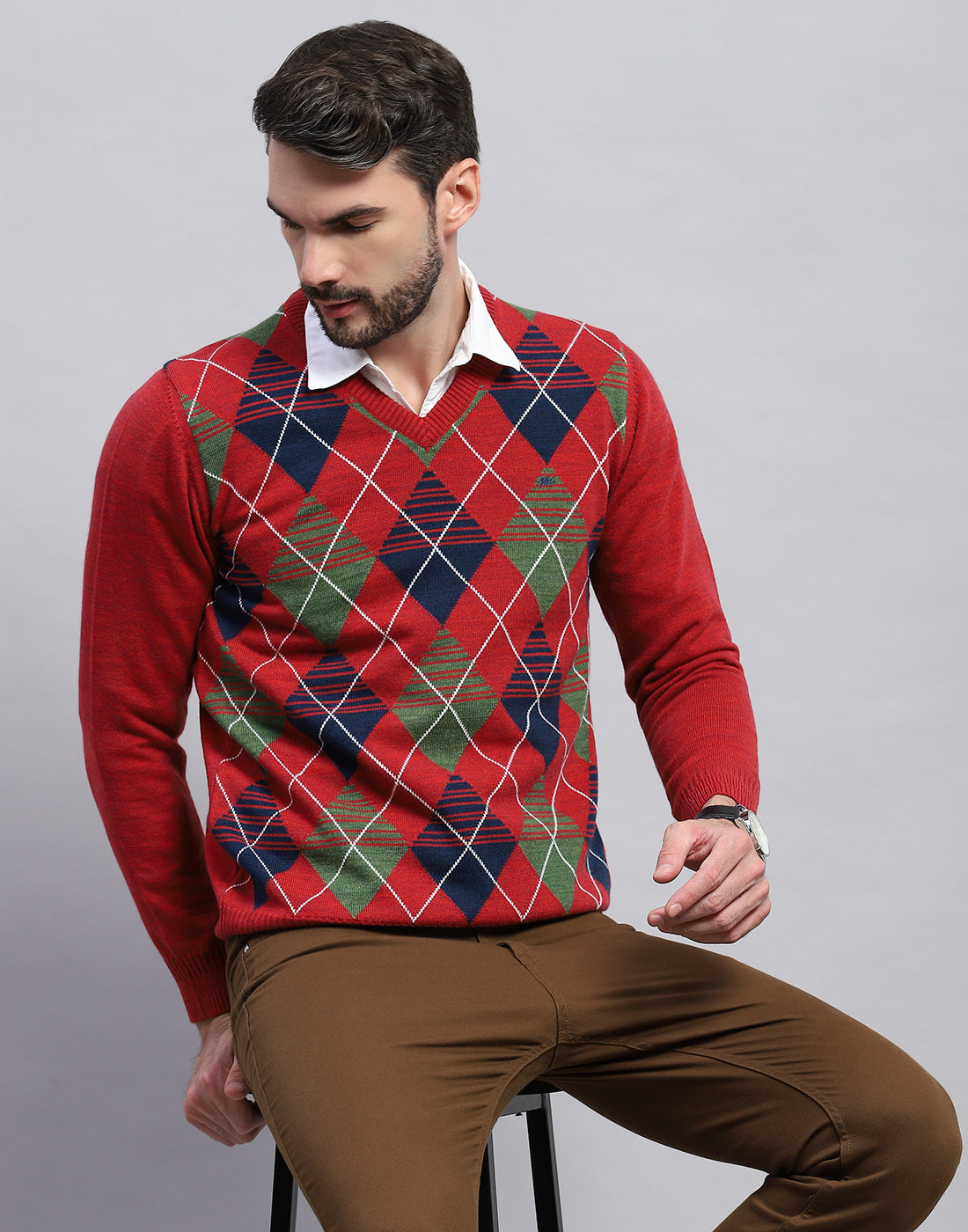 V Neck Red And Green Pullover Men Red Geometric V Neck Full Sleeve