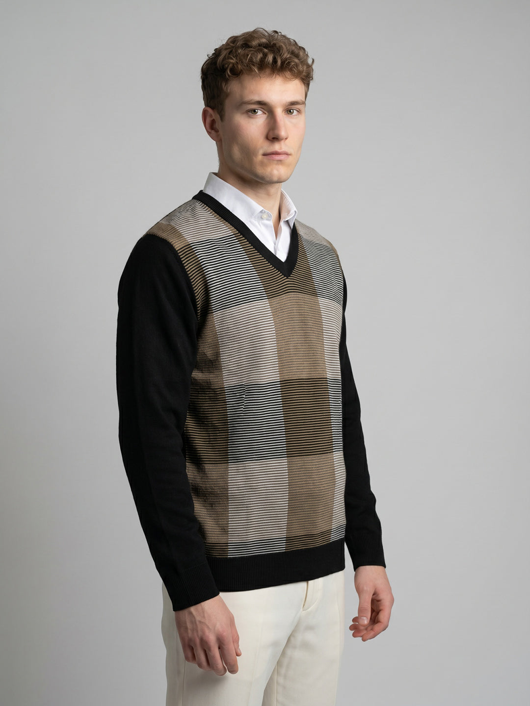 Men Black Self Design V Neck Full Sleeve Pullover