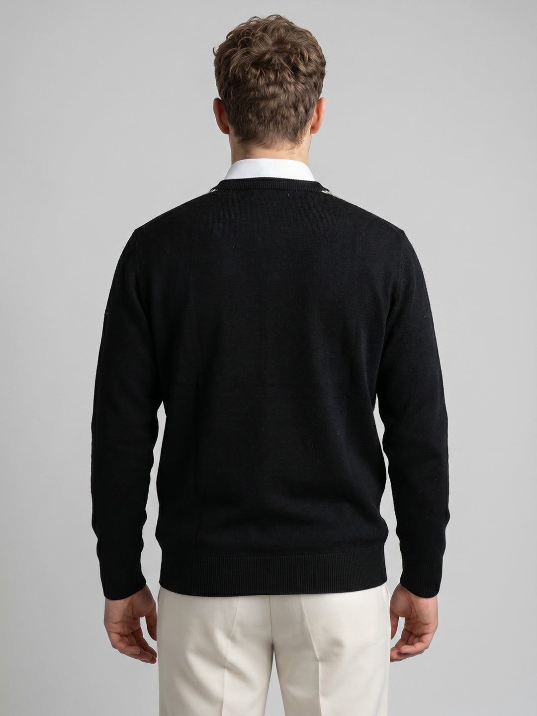 Men Black Self Design V Neck Full Sleeve Pullover