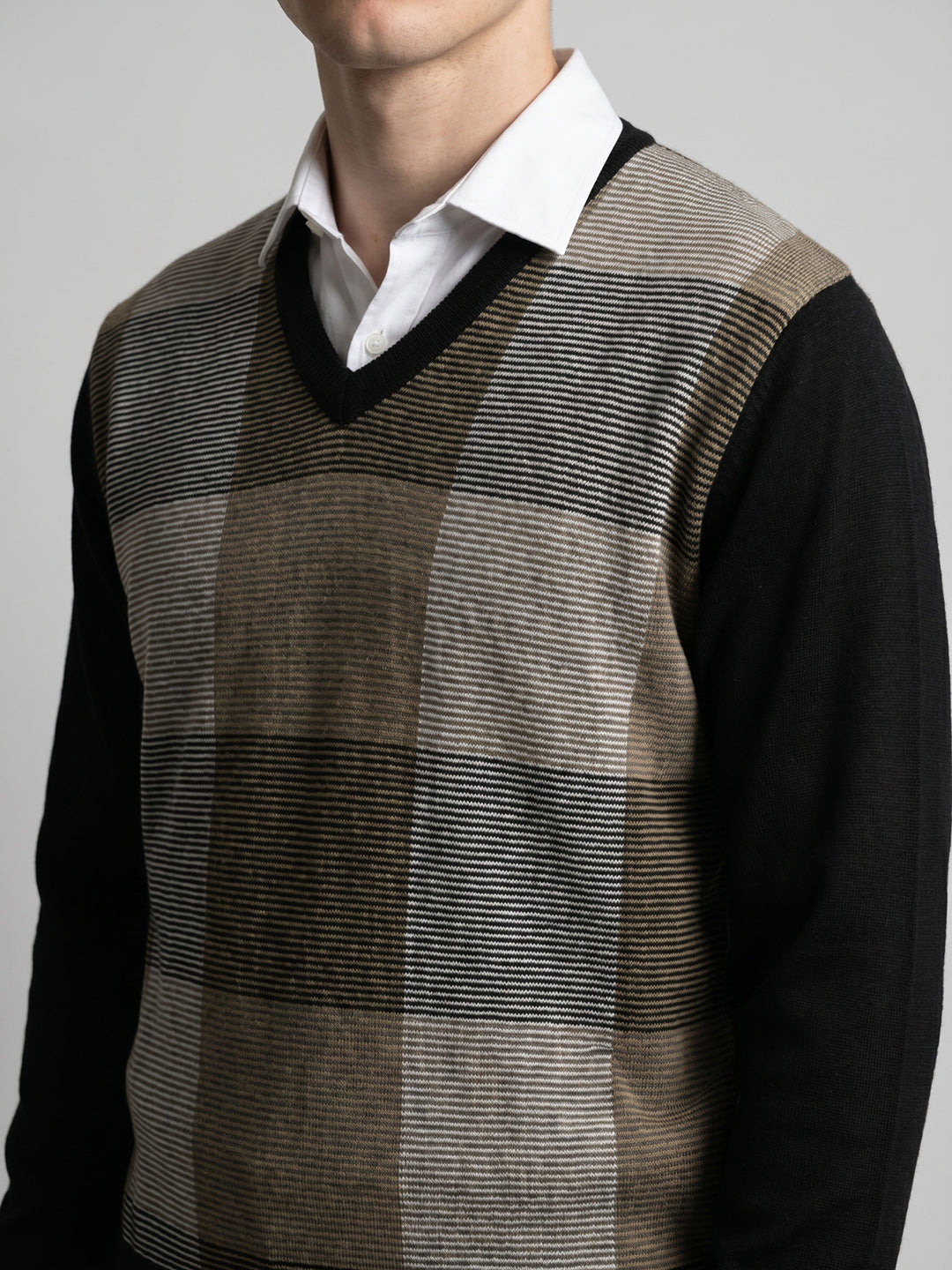 Men Black Self Design V Neck Full Sleeve Pullover