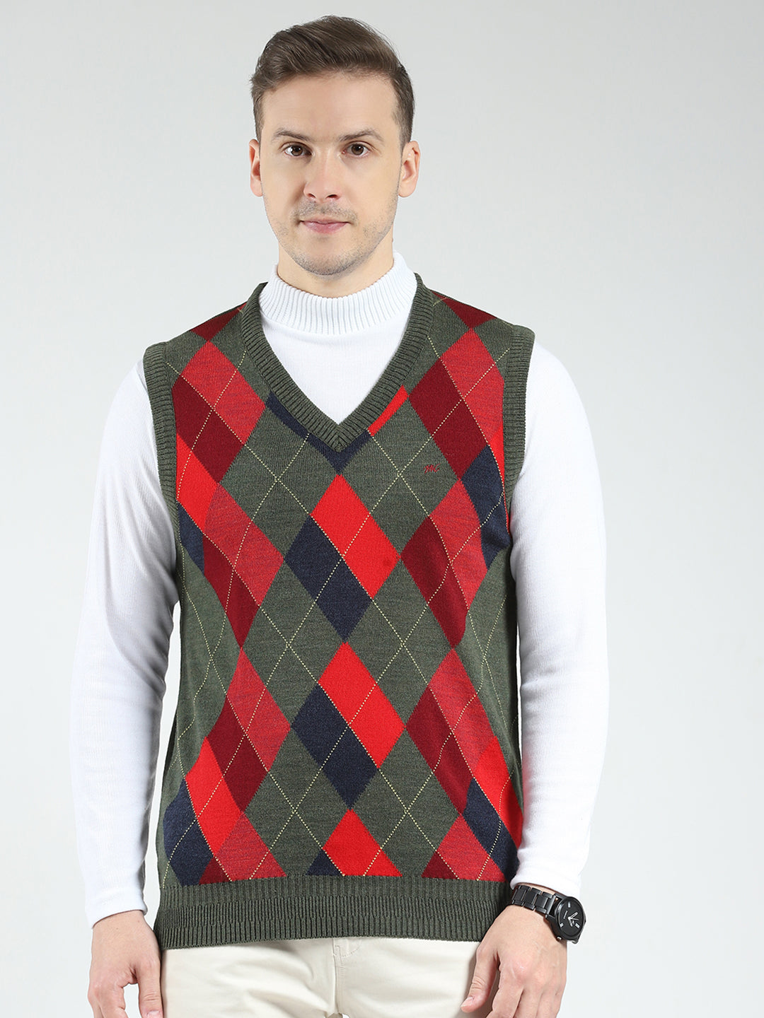 Men Green Printed V Neck Sleeveless Sweater