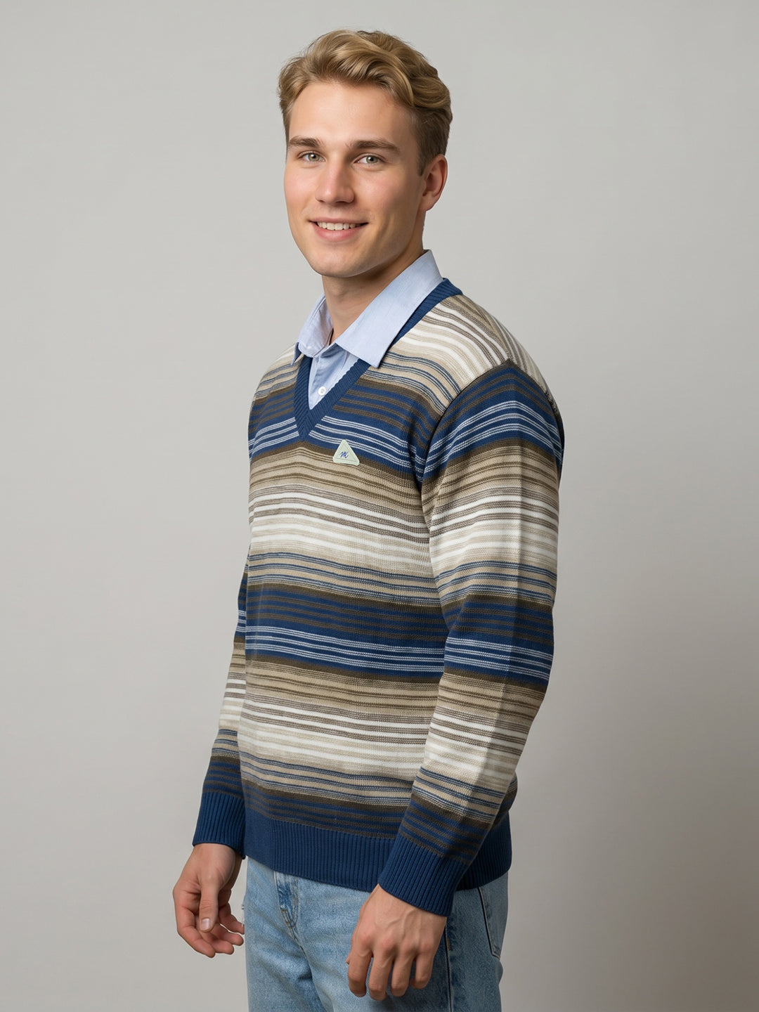 Men Blue Stripe V Neck Full Sleeve Pullover