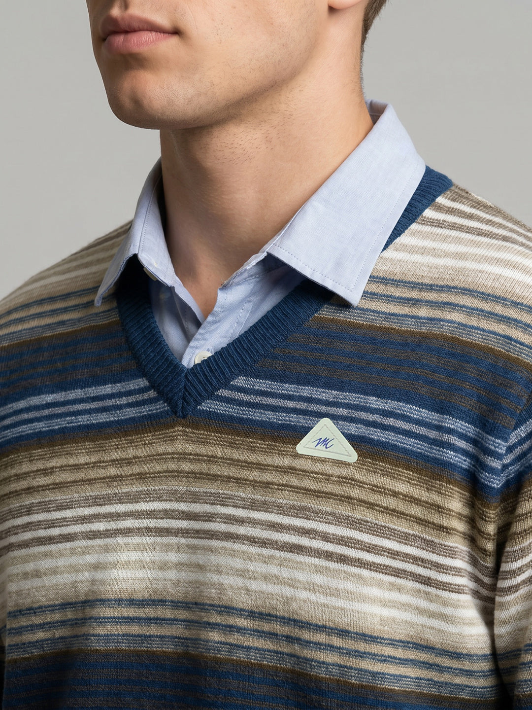Men Blue Stripe V Neck Full Sleeve Pullover