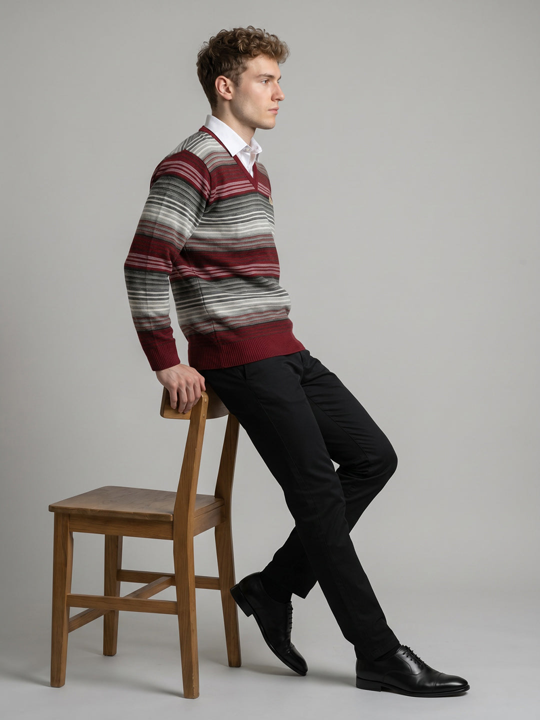 Men Purple Stripe V Neck Full Sleeve Pullover