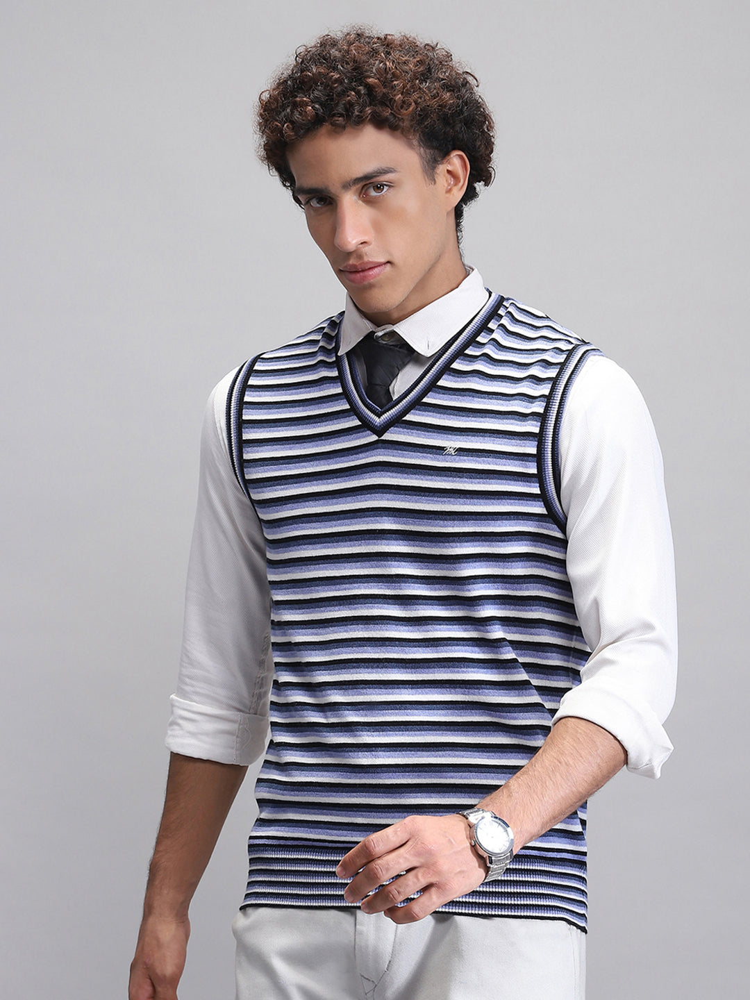 Men Navy Blue Stripe V Neck Sleeveless Sweater