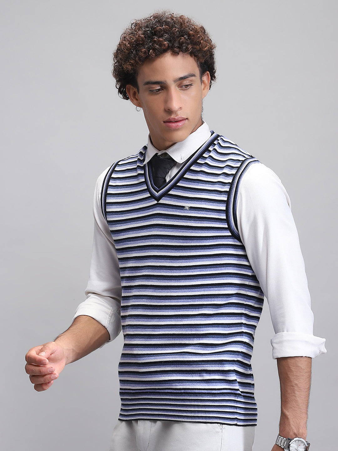 Men Navy Blue Stripe V Neck Sleeveless Sweater