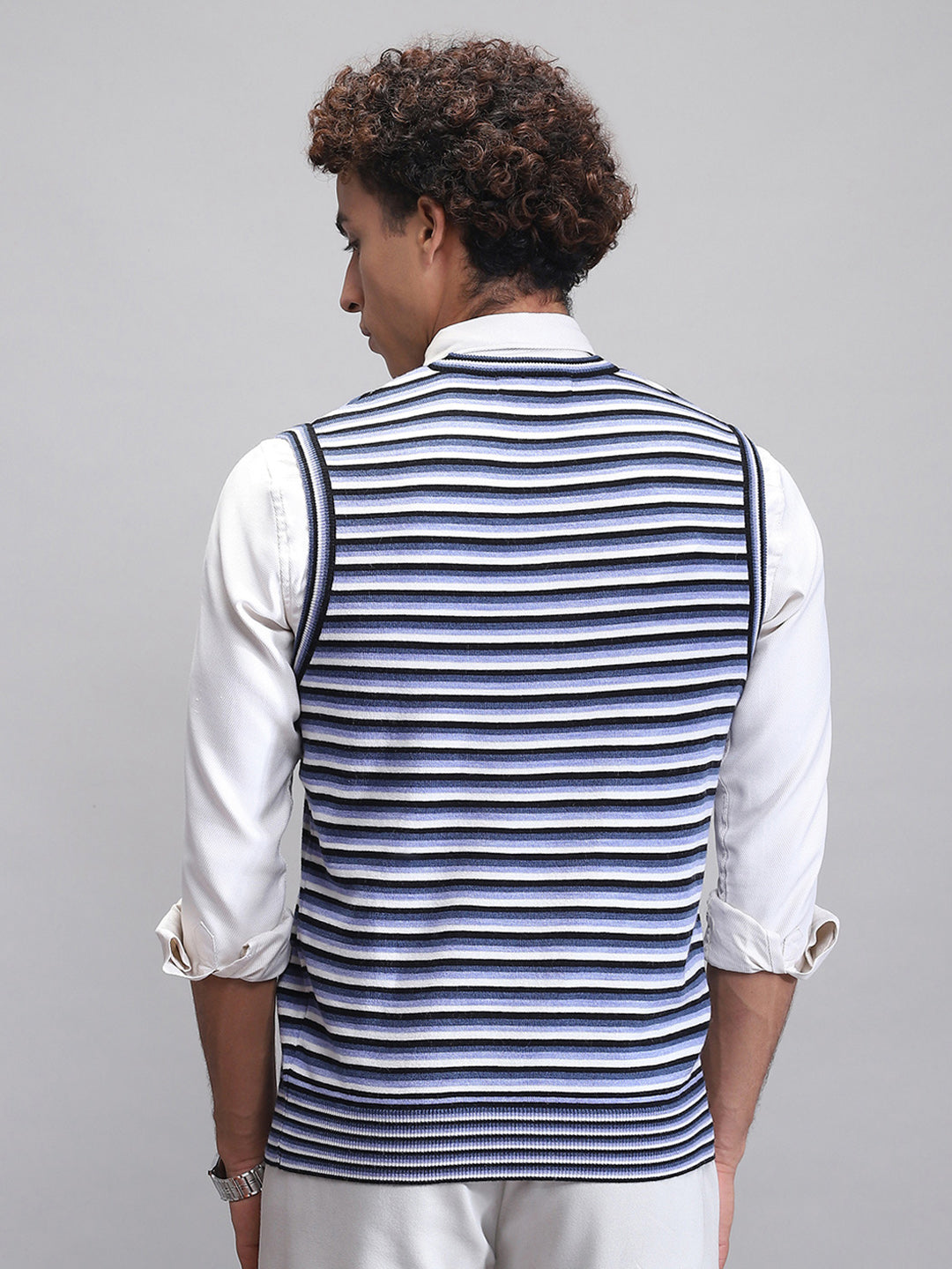 Men Navy Blue Stripe V Neck Sleeveless Sweater