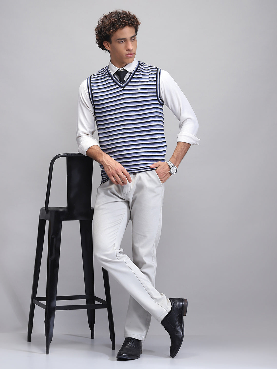 Men Navy Blue Stripe V Neck Sleeveless Sweater