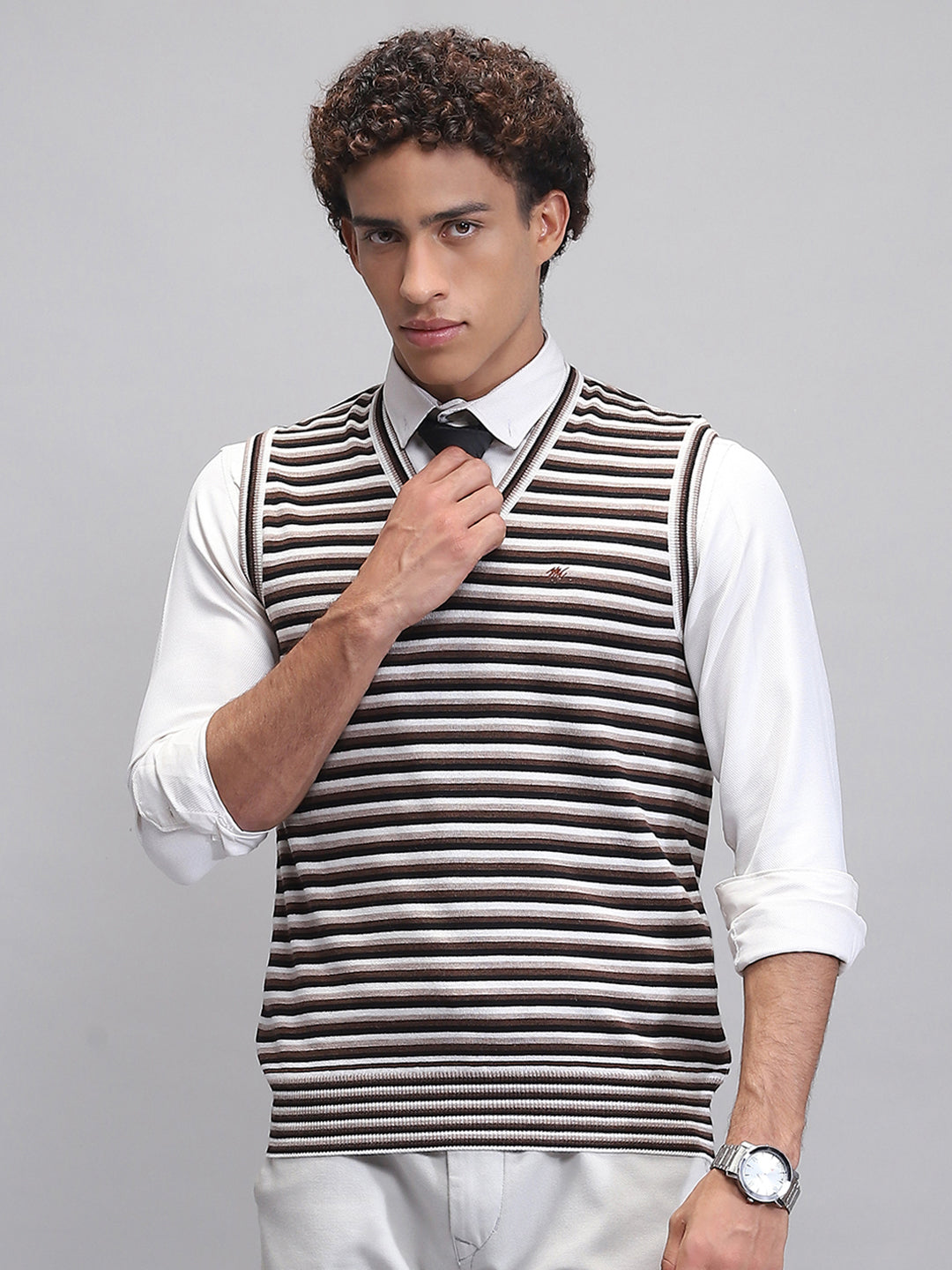 Men Black Stripe V Neck Sleeveless Sweater