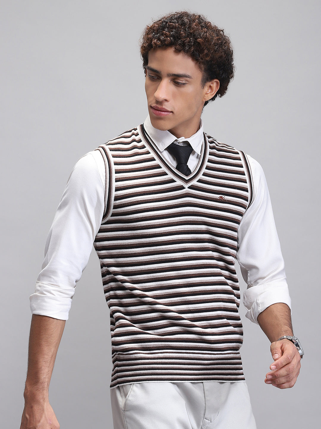 Men Black Stripe V Neck Sleeveless Sweater