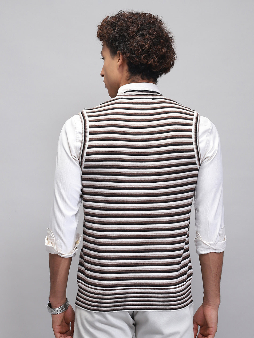 Men Black Stripe V Neck Sleeveless Sweater