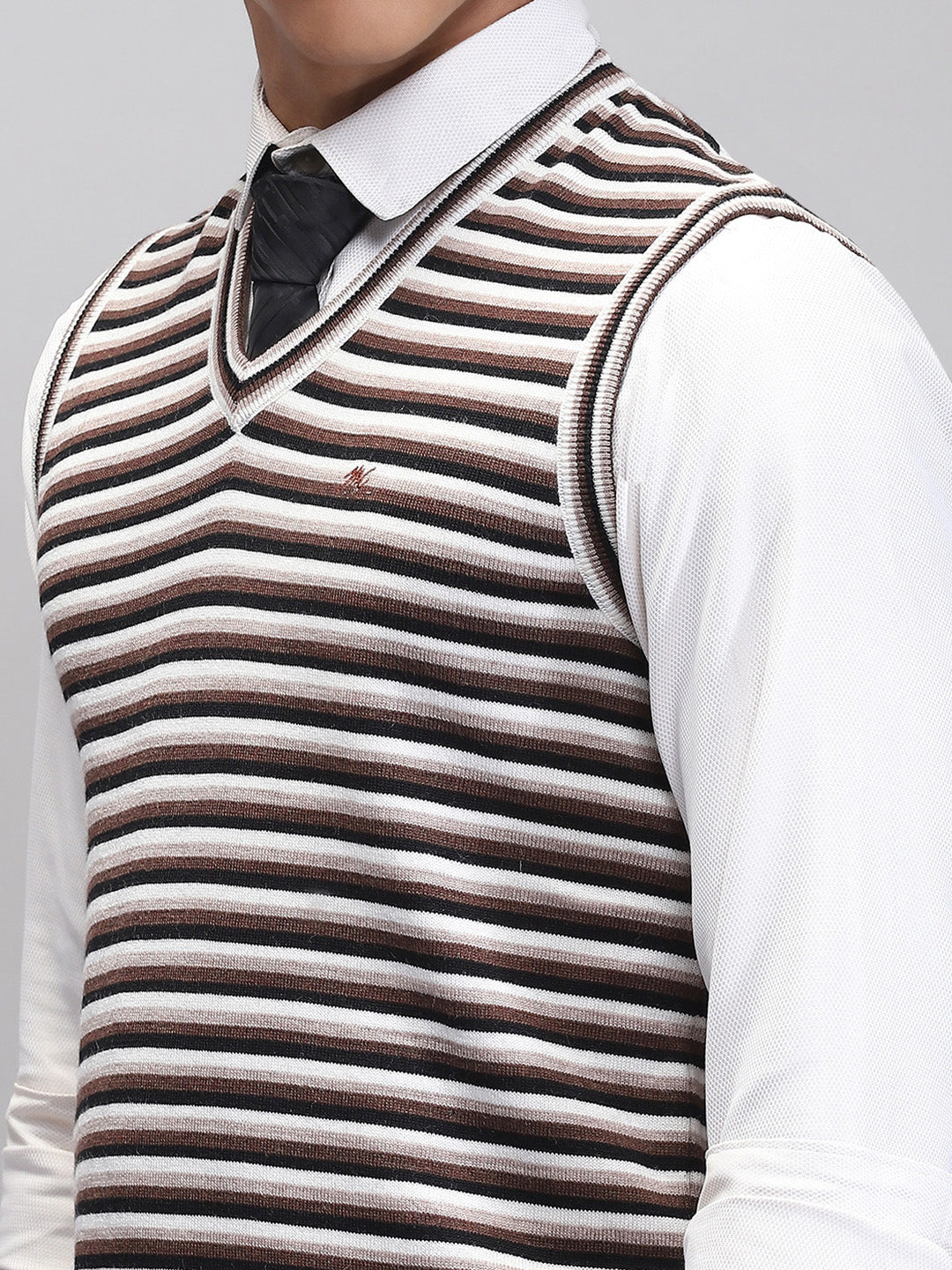 Men Black Stripe V Neck Sleeveless Sweater
