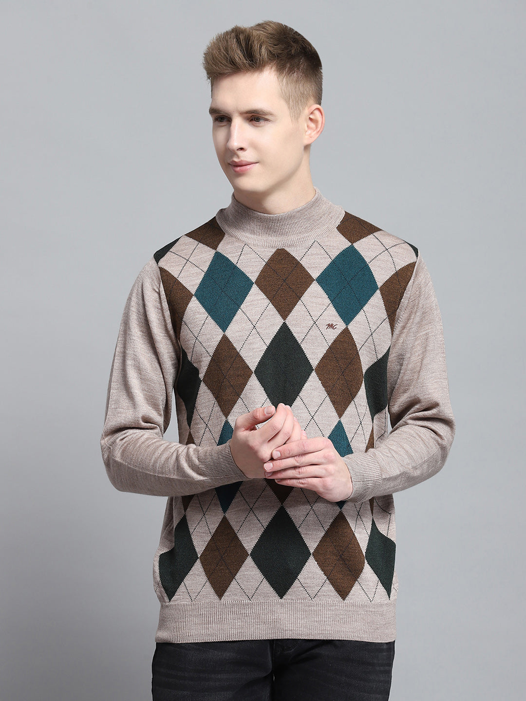 Men Beige Printed Mock Neck Full Sleeve Pullover